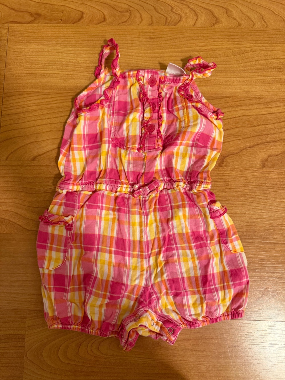 Girls Pink & Yellow Plaid Sleeveless Romper